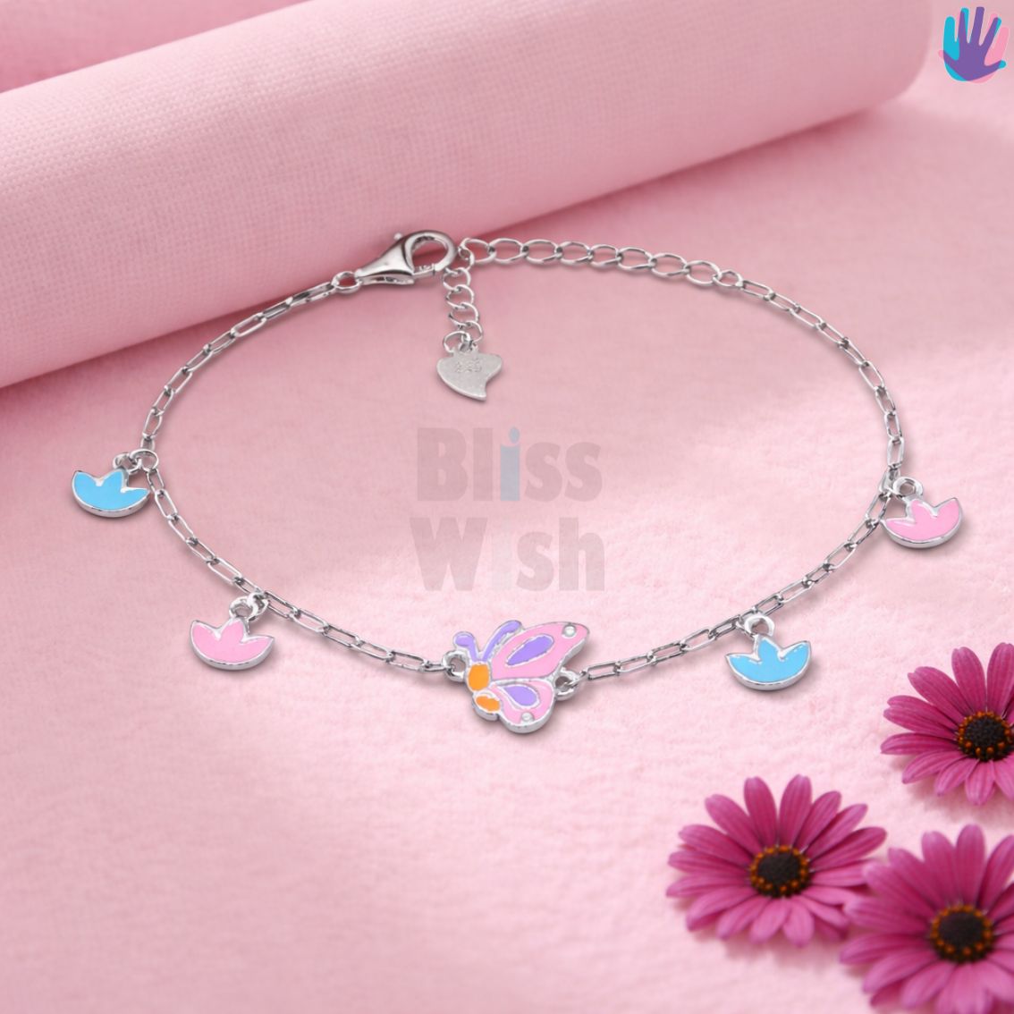 925 Sterling Silver Pink half Butterfly Kids Bracelet or Anklet | BlissWish