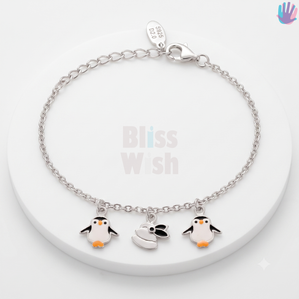 925 Sterling Silver White Penguin Kids Bracelet or Anklet | BlissWish