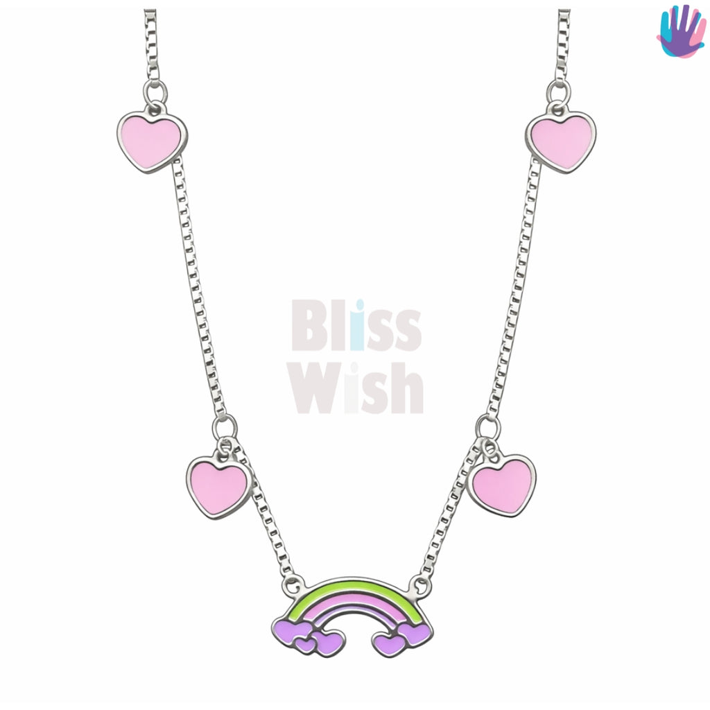 925 Sterling Silver Pink Rainbow Kids Necklace with heart charms | BlissWish