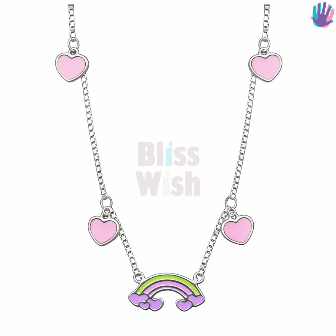 925 Sterling Silver Pink Rainbow Kids Necklace with heart charms | BlissWish