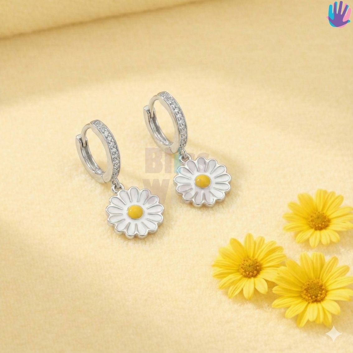925 Sterling Silver Daisy with Stones Kids Hoop Earrings | BlissWish