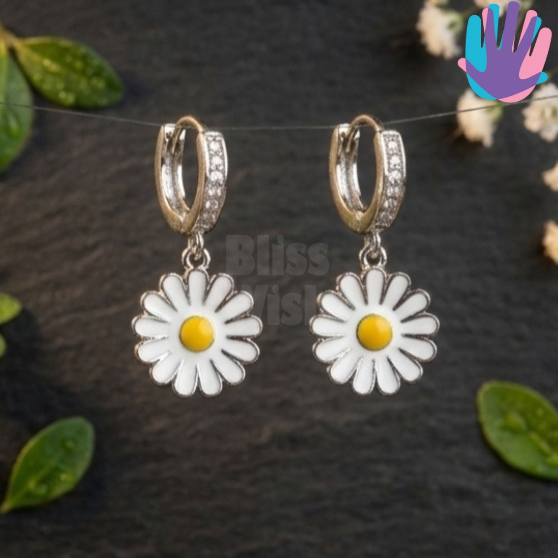 925 Sterling Silver Daisy with Stones Kids Hoop Earrings | BlissWish