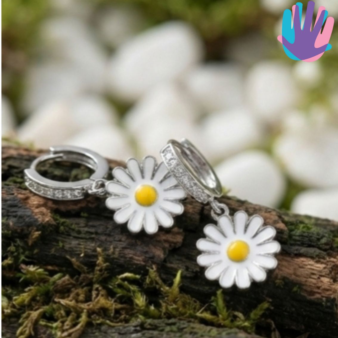 925 Sterling Silver Daisy with Stones Kids Hoop Earrings | BlissWish