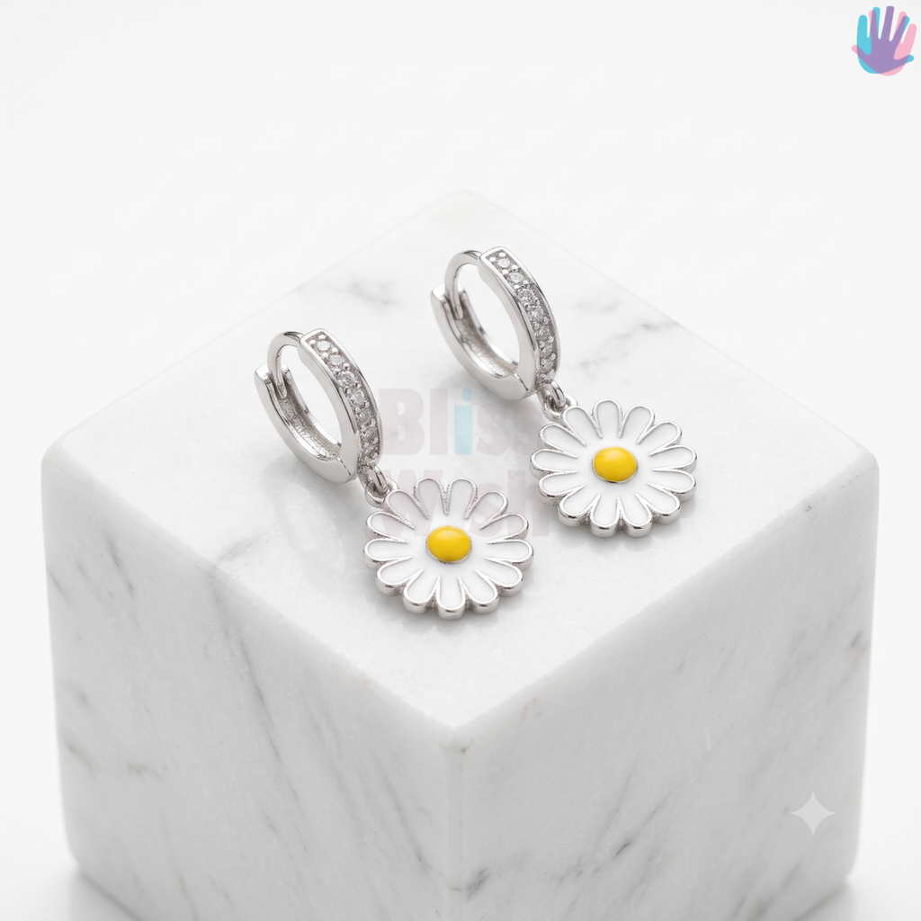 925 Sterling Silver Daisy with Stones Hoop Earrings | BlissWish