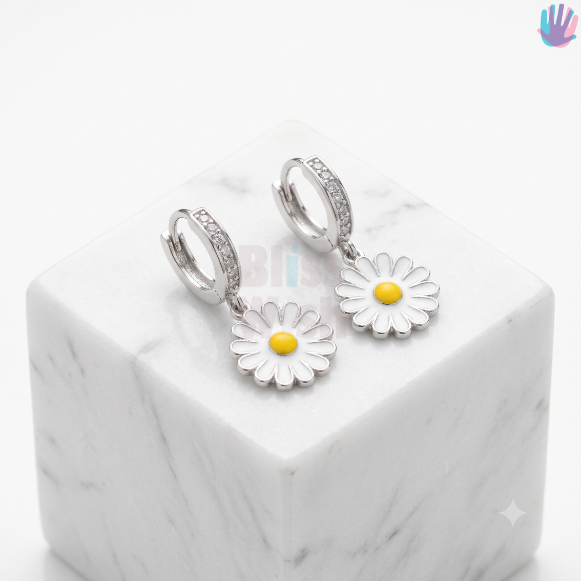 925 Sterling Silver Daisy with Stones Hoop Earrings | BlissWish