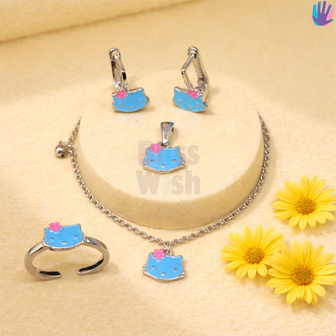 925 Sterling Silver Hello Kitty Kids Jewelry Set | BlissWish (Earrings, Bracelet, Ring, Pendant)
