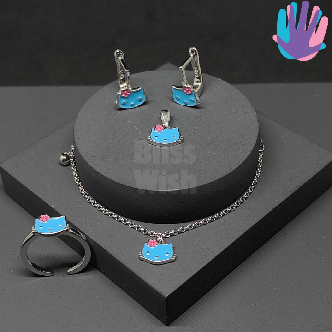 925 Sterling Silver Hello Kitty Kids Jewelry Set | BlissWish (Earrings, Bracelet, Ring, Pendant)