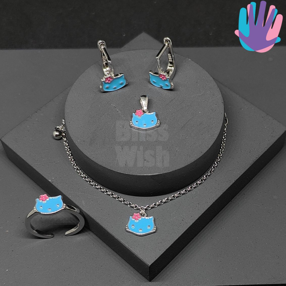 925 Sterling Silver Hello Kitty Kids Jewelry Set | BlissWish (Earrings, Bracelet, Ring, Pendant)