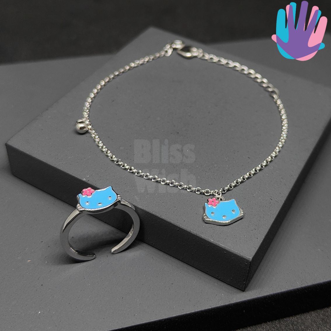 925 Sterling Silver Hello Kitty Kids Jewelry Set | BlissWish (Earrings, Bracelet, Ring, Pendant)