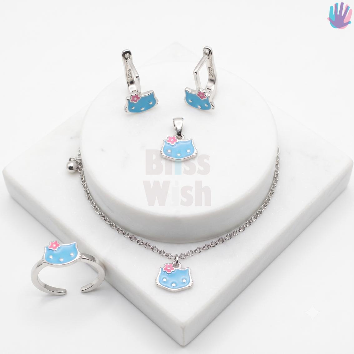 925 Sterling Silver Hello Kitty Kids Jewelry Set | BlissWish (Earrings, Bracelet, Ring, Pendant)