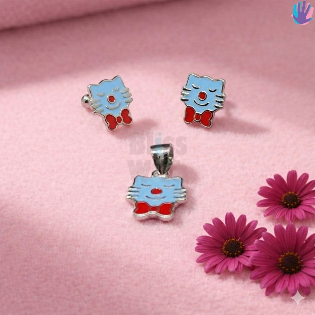925 Sterling Silver Kitty with Bow Kids Jewelry Combo | BlissWish