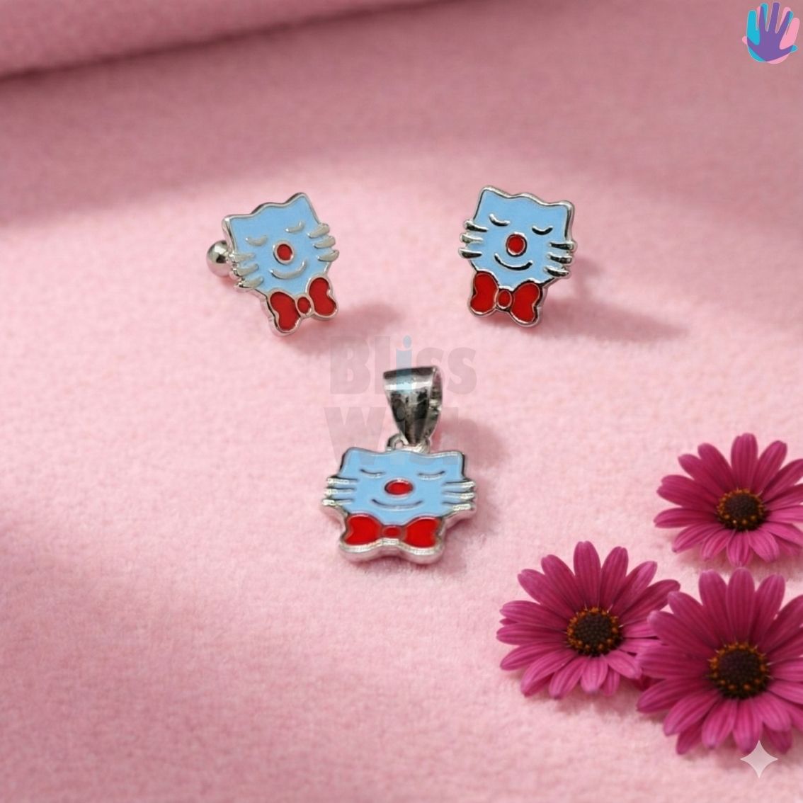 925 Sterling Silver Kitty with Bow Kids Jewelry Combo | BlissWish
