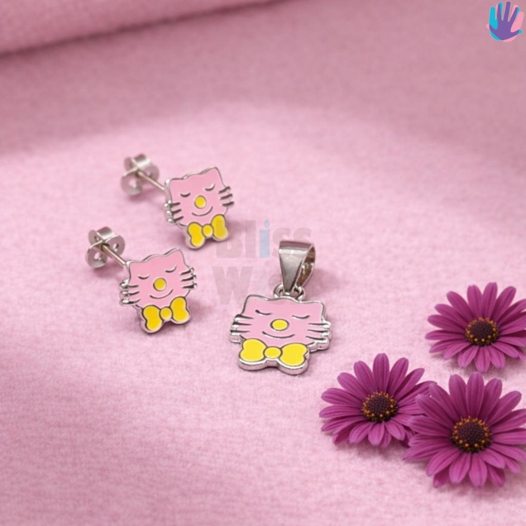 925 Sterling Silver Kitty with Bow Kids Jewelry Combo | BlissWish