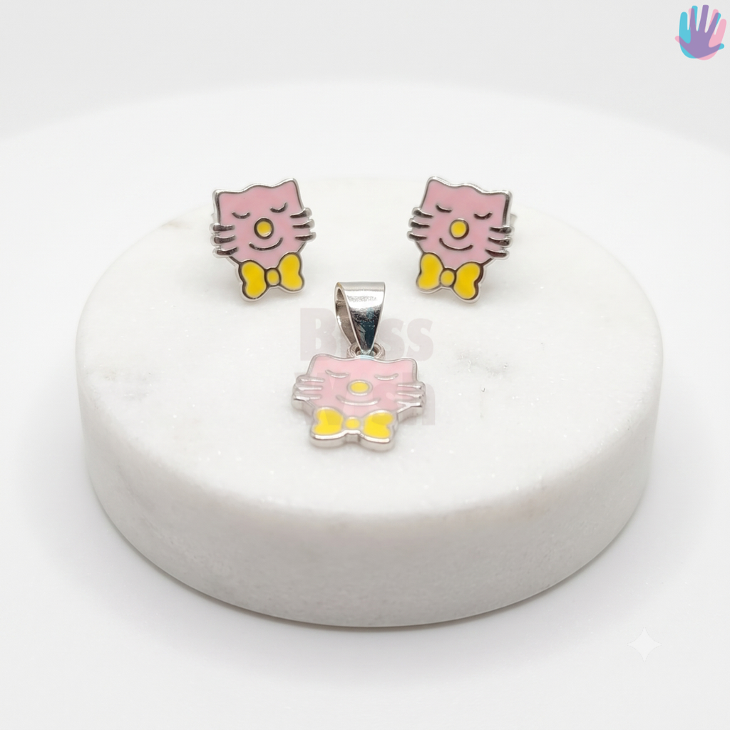 925 Sterling Silver Kitty with Bow Kids Jewelry Combo | BlissWish
